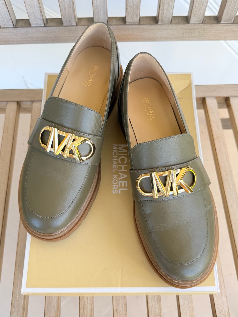 Michael Kors Parker Lug Loafers in Olive Leather with Gold MK Logo Hardware